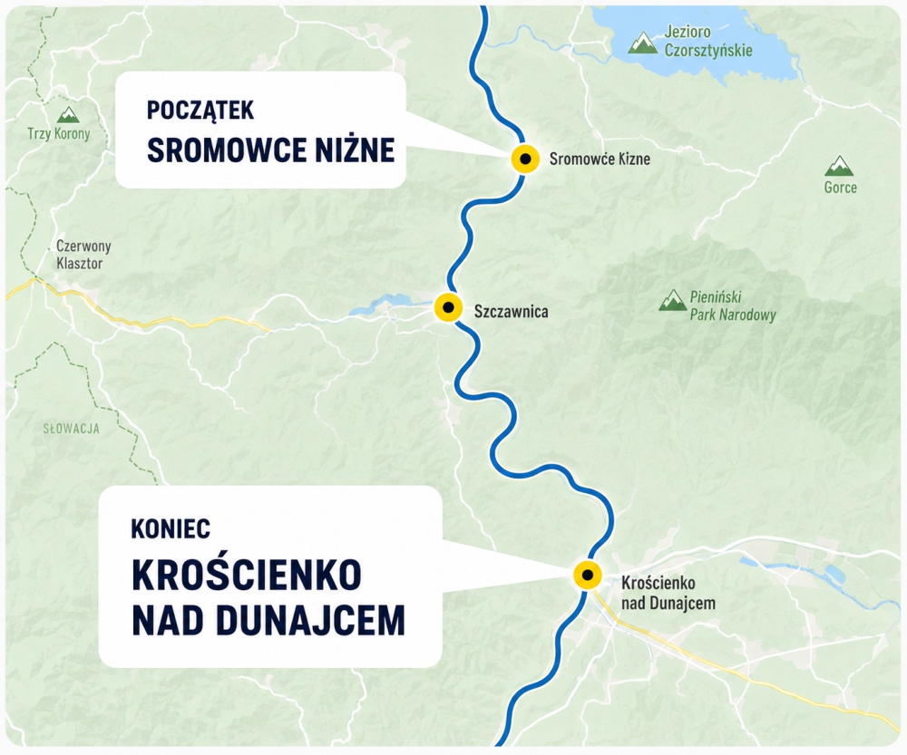 Mapa trasy spływu Przełomem Dunajca Sromowce-Szczawnica